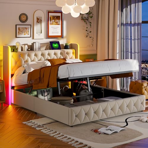 JDEFARF Doppelbett 160 x 200 cm mit Stauraum, gepolstertes Kopfteil mit LED, Doppelbett mit USB, Modern mit Gaslift, ohne Matratze, Farbe Schwarz (Beige, 160 x 200 cm) von JDEFARF