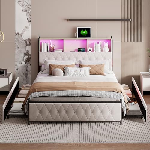 JDEFARF Gepolstertes Doppelbett, 180 x 200 cm, LED-Bettrahmen mit 4 Schubladen, Samt-Aufbewahrungsbett, Holzlattenstütze, kein Boxspringbett erforderlich (Beige, 180 x 200 cm) von JDEFARF
