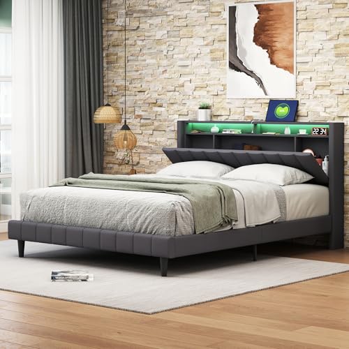JDEFARF Modernes graues Bettgestell mit LED-Kopfteil, USB-Anschlüssen, Aufbewahrungsschublade und weichem Leinenstoff, keine Matratze im Lieferumfang enthalten (Grau-B, 160 x 200 cm) von JDEFARF