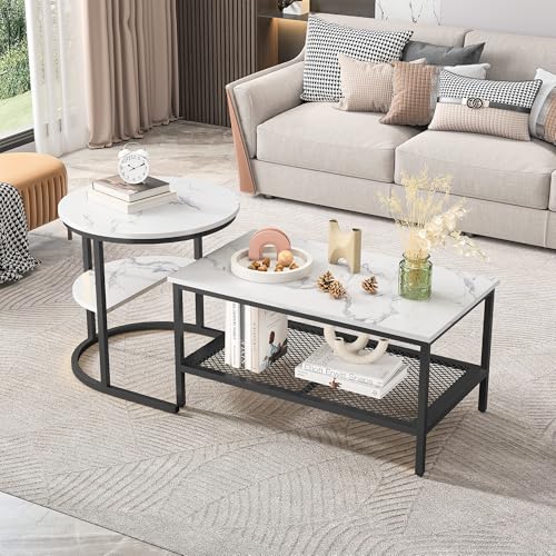 JDEFARF Nesting Couchtisch 2er Set - Abnehmbare rechteckige & runde Beistelltische mit weißem Kunstmarmor, stabiler Metallrahmen, moderne stapelbare Tische für Wohnzimmer & Schlafzimmer (Schwarz-A) von JDEFARF