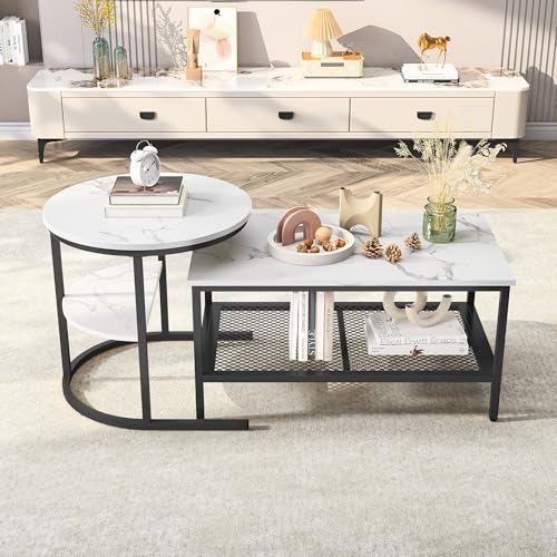 JDEFARF Nesting Couchtisch 2er Set - Abnehmbare rechteckige & runde Beistelltische mit weißem Kunstmarmor, stabiler schwarzer Metallrahmen, moderne stapelbare Tische für Wohnzimmer & Schlafzimmer von JDEFARF