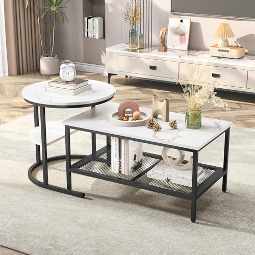 JDEFARF Nesting Couchtische 2er-Set, abnehmbarer rechteckiger Couchtisch und runder Beistelltisch, Kunstmarmor-Muster, für Wohnzimmer (B, Schwarz) von JDEFARF