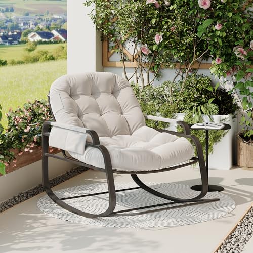 JDEFARF Schaukelstuhl Kinderzimmer Teddy Weiß Gleiter Stuhl mit Massivholz Beine Morden Schaukelstühle mit Lendenkissen für Wohnzimmer Schlafzimmer (Beige-A) von JDEFARF