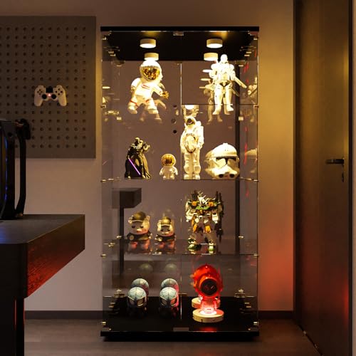 JDEFARF Vitrine aus Glas mit LED, 163,9 x 80,5 x 36,5 cm, Vitrine für Sammlungen mit 2 Türen und 4 Einlegeböden aus Hartglas, moderner Vitrinenschrank für Wohnzimmer, Schwarz (Schwarz, 4 Schichten 2 von JDEFARF
