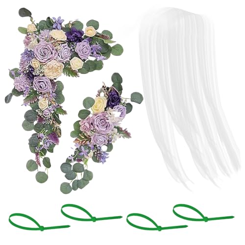 Künstliche Bogenblumen mit Durchsichtigem Vorhang-Set (3er-Set), Hochzeitsbogen-Blumenset, Hochzeitsblumen mit Bogen-Drapierstoff, Künstliche Blumen für Den Hochzeitsbogen-Empfangshintergrund(Lila) von JDEFARF