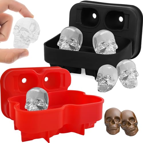 2 Stück 3D Skull Eiswürfelformen, Schwarz BPA Freie Silikon Ice Cubes Mold Tray mit Deckel, Mache 8 Vivid Skulls, Perfekt für Whiskey, Cocktail und Jedes Getränk (Trichter Enthalten) von JDH Silicone