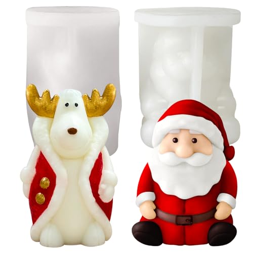 2 Stück 3D-Weihnachts-Silikonformen,Kerzenform Gipsform-Kerzenform silikonform Kerzen Selber Machen Kerzen Formen DIY Weihnachten Alter Mann Modell Elch Silikonform (Großer Weihnachtsmann +Hirsch) von JDH Silicone