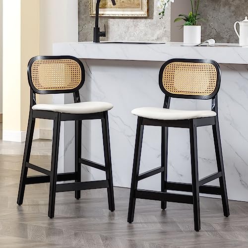 JDKJSBF Counter Height Bar Stoolsrattan Counterhocker Set aus 2 weißen Kunstleder Barhocker Bauernhaus Holzbarhocker gepolstert 26 Zoll Kücheninselstühle Schwarzes Holz Thoughtful von JDKJSBF