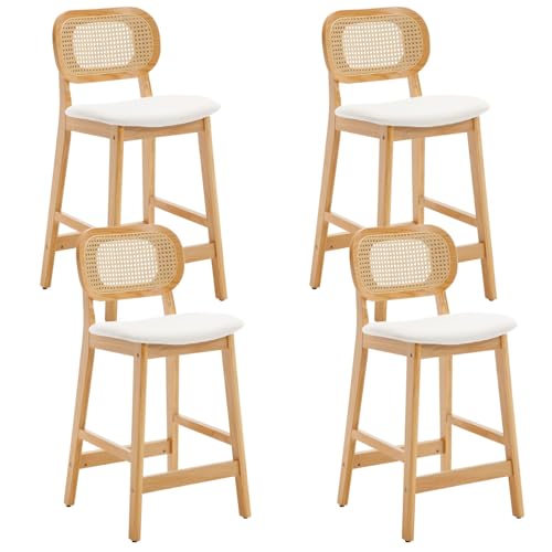 JDKJSBF Counter Height Bar Stoolsrattan Counterhocker Set aus 4 Bauernhaus Holz Barhocker Beige Leinen Stoffstühle 26 Zoll Kücheninselstühle mit gebogenem Rücken Thoughtful von JDKJSBF