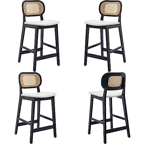 JDKJSBF Counter Height Bar Stoolsrattan Counterhocker Set aus 4 weißen Kunstleder Barhocker Bauernhaus Holzbarhocker gepolstert 26 Zoll Kücheninselstühle Schwarzes Holz Thoughtful von JDKJSBF