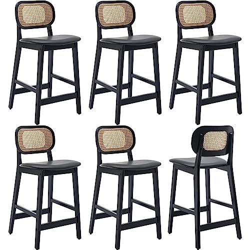 JDKJSBF Counter Height Bar Stoolsrattan Counterhocker Set aus 6 schwarzen Kunstleder Barhocker Holzfarmhouse Barhocker gepolstert 26 Zoll Kücheninselstühle Schwarzes Holz Thoughtful von JDKJSBF