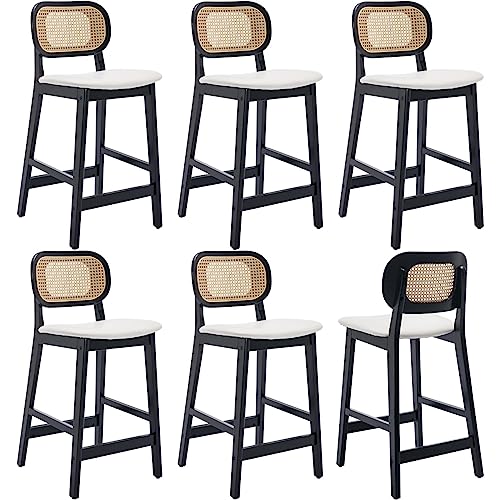 JDKJSBF Counter Height Bar Stoolsrattan Counterhocker Set aus 6 weißen Kunstleder Barhocker Bauernhaus Holzbarhocker gepolstert 26 Zoll Kücheninselstühle Schwarzes Holz Thoughtful von JDKJSBF