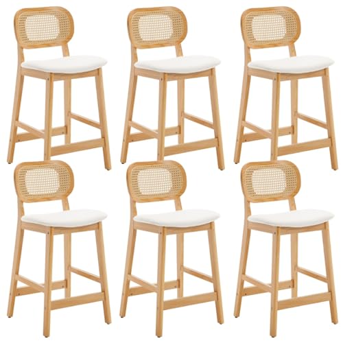 JDKJSBF Counter Height Bar Stoolsrattan Counterhocker Set von 6 Bauernhaus Holz Barhocker Beige Leinen Stoffstühle 26 Zoll Kücheninselstühle mit gebogenem Rücken Thoughtful von JDKJSBF
