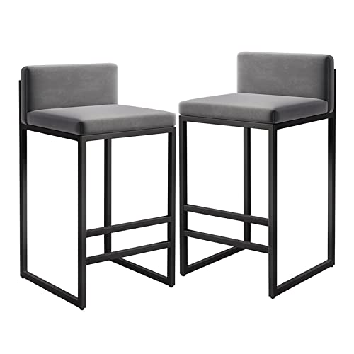 JDKJSBF Moderner Grauer Velvet -Barhocker mit Rückenlehne und schwarzem Fußstützen -Set von 2 25,6'H hohen gepolsterten Barstühlen für Kücheninsel und Esszimmer Thoughtful von JDKJSBF