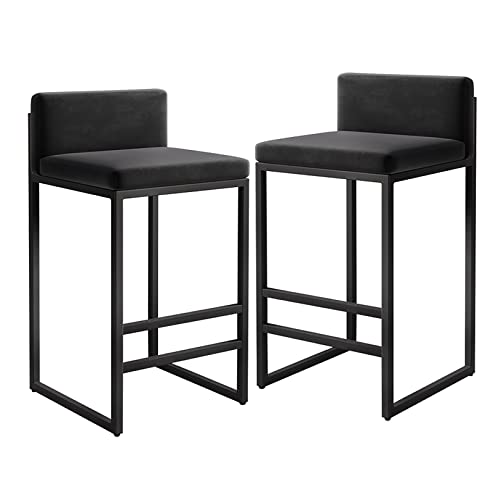 JDKJSBF Moderner Velvet Barhocker mit Rückenlehne und schwarzem Fußstützeset von 2 25,6 '' hohen gepolsterten hohen Hockern für Kücheninsel und Esszimmer Thoughtful von JDKJSBF