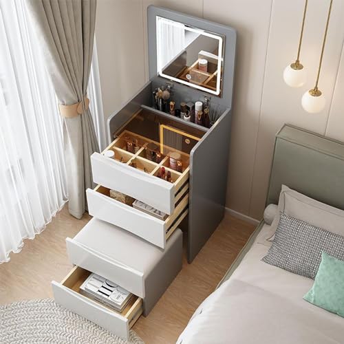 JDKJSBF Moderner Waschtischschreibtisch mit beleuchtetem Spiegel gepolsterter Hocker und 3 Schubladenschrank Multifunktionales Schlafzimmer Schminktisch am Nachtbezirk (braun) Thoughtful von JDKJSBF