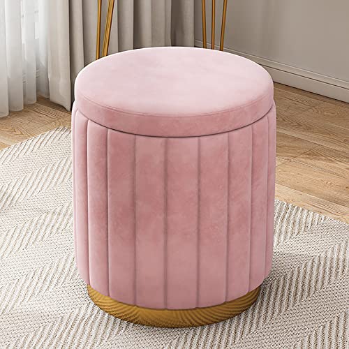 JDKJSBF Pink Velvet Vanity Stool with Hidden Storage Round Ottoman for Bedroom Makeup Comfortable Upholstered Foot Rest for Girls and Ladies 34x34x44cm (13x13x17inch) Thoughtful von JDKJSBF