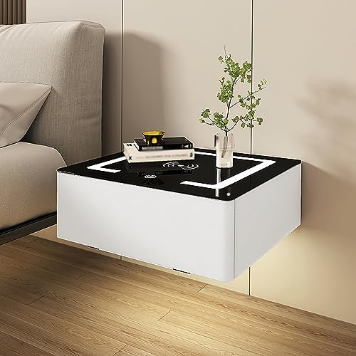 JDKJSBF Schwebender Nachttisch zur Wandmontage mit intelligentem LED-Licht und Schublade (Bianco 48 cm/18,9 Zoll) Thoughtful von JDKJSBF