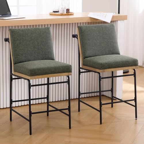JDKJSBF The Counter Height Bar Stoolsgreen Leder -Thekeschatzhocker Set von 2 Mid Century Modern Barhocker mit Rücken und Metallbeinen, 26 -Zoll -Kücheninselstühle mit Heckgriff Thoughtful von JDKJSBF
