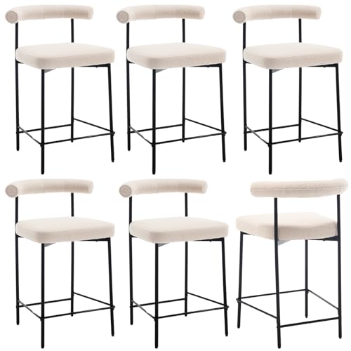 JDKJSBF The Counter Height Bar Stoolsmodern Fass Counter Stools Set aus 6 Boucle Counter Height Barhocker 26 Zoll Sherpa Kücheninselstühle mit schwarzen Metallbeinen, Khaki Thoughtful von JDKJSBF