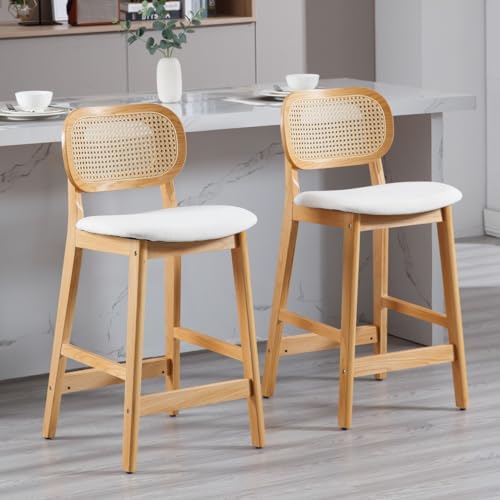JDKJSBF The Counter Height Bar Stoolsrattan Counter Stools Set von 2 Bauernhaus Holz Barhocker Beige Leinen Stoffstühle 26 Zoll Kücheninselstühle mit gebogenem Rücken Thoughtful von JDKJSBF