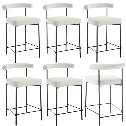 JDKJSBF The Counter Height Bar Stoolswhite Boucle Counter Stools Set von 6 modernen Fassplatten -Barhockern 26 Zoll Sherpa Kücheninselstühle mit schwarzen Metallbeinen Thoughtful von JDKJSBF