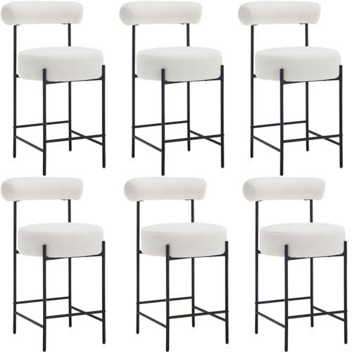 JDKJSBF The Counter Height Bar Stoolswhite Sherpa Bar Stools Set von 6 modernen Counterhochhockern Polsterte Barhocker mit Barrel Rücken 26 Zoll Kücheninselstühle mit Metallbeinen Thoughtful von JDKJSBF