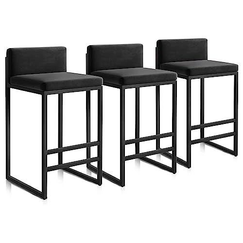 JDKJSBF Velvet Breakfast Bar Stools Set von 3 modernen Küchentischbars mit Rückenlehne und schwarzem Metallrahmen 150 kg/300 lbs Kapazität 25,6 '' Höhe Schwarz Farbe Thoughtful von JDKJSBF