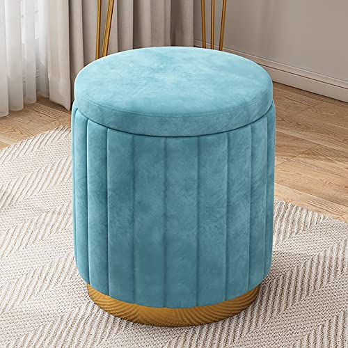 JDKJSBF Velvet Vanity Stool with Storage Blue Round Ottoman for Bedroom Makeup Comfort Upholstered Footrest Couch Stool for Girls Room 34x34x44cm Thoughtful von JDKJSBF