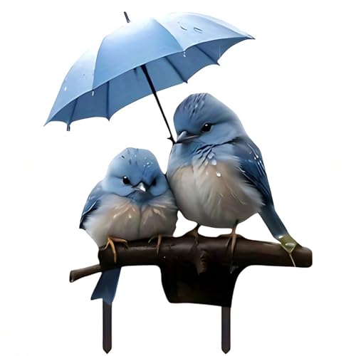 Blauer Vogelschirm Acryl Gartenstecker 2D flaches Design für Rasen Dekor Einfache Installation Blumenbeet Akzent Blauer Vogel Gartenstecker von JDNH