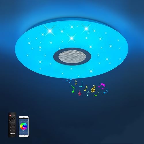 JDONG Bluetooth Deckenleuchte LED mit Lautsprecher, Fernbedienung und App-Steuerung RGB Farbwechsel dimmbar Sterne Weißes Rauschen für Schlafzimmer Kinderzimmer Badzimmerlampe 36 W Ø 40 cm von JDONG