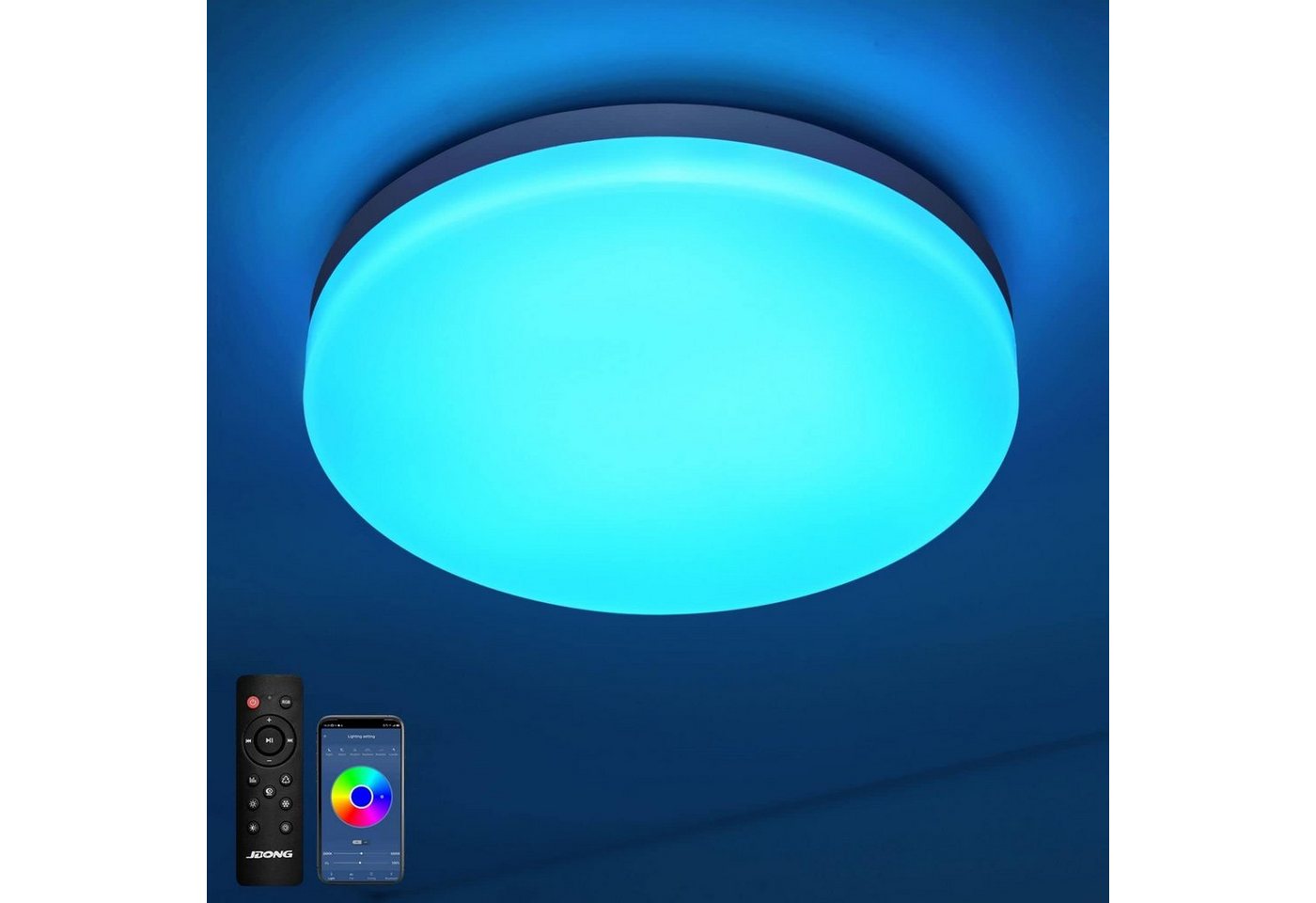 JDONG LED Deckenleuchte Dimmbar mit Bluetooth Lautsprecher, LED fest integriert, Fernbedienung oder APP-Steuerung, RGB Farbwechsel, Kaltweiß, Warmweiß, Neutralweiß, Tageslichtweiß, RGB, mit weißes Rauschen & beruhigende Klänge für Kinder & Erwachsene von JDONG