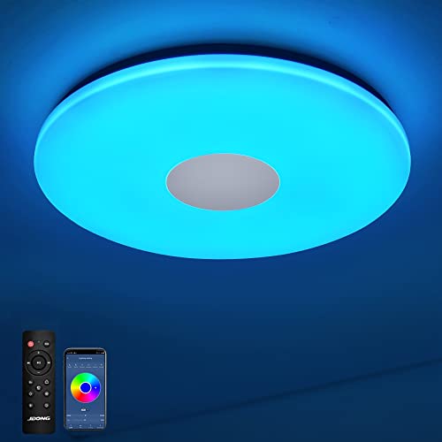 JDONG LED Deckenleuchte Dimmbar mit Doppelter Bluetooth Lautsprecher, 24W ⌀30 CM IP44 Wasserdicht Badzimmer Deckenlampe mit Fernbedienung und APP-Steuerung,Weißes Rauschen für Schlafzimmer Küche von JDONG