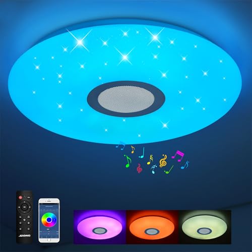 JDONG LED Deckenleuchte Dimmbar mit Bluetooth Lautsprecher, 24W ⌀30 CM IP44 Wasserdicht Badzimmer Deckenlampe mit Fernbedienung und APP-Steuerung,Weißes Rauschen für Schlafzimmer Küche von JDONG