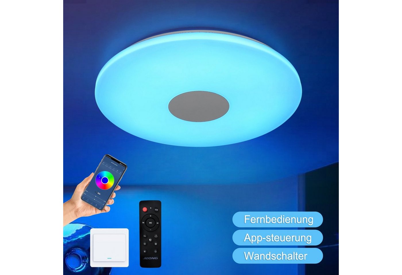 JDONG LED Deckenleuchte Dimmbar mit Doppelter Bluetooth Lautsprecher, LED fest integriert, rgb, Farbwechsel, IP44 Wasserdicht Badzimmer Deckenlampe mit Fernbedienung und APP Steue von JDONG