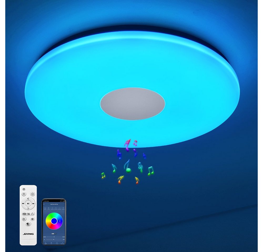 JDONG LED Deckenleuchte Dimmbar mit Doppelter Bluetooth Lautsprecher, LED fest integriert, rgb, Farbwechsel, IP44 Wasserdicht Badzimmer Deckenlampe mit Fernbedienung und APP Steue von JDONG