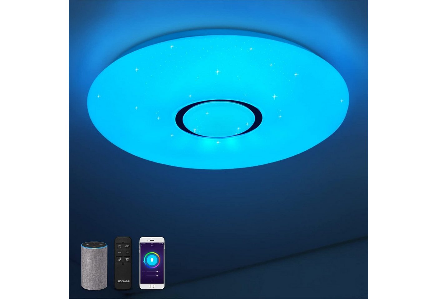 JDONG LED Deckenleuchte Dimmbar per Fernbedienung, APP u. Sprachsteuerung, Wlan Deckenlampe, LED fest integriert, 3000-6000K Smart Deckenlampe für Alexa und Google-Assistant, für Wohnzimmer, Schlafzimmer, Küche, f. Schlafzimmer, Kinderzimmer, Wohnzimmer, kein Hub/Gateway benötigt von JDONG