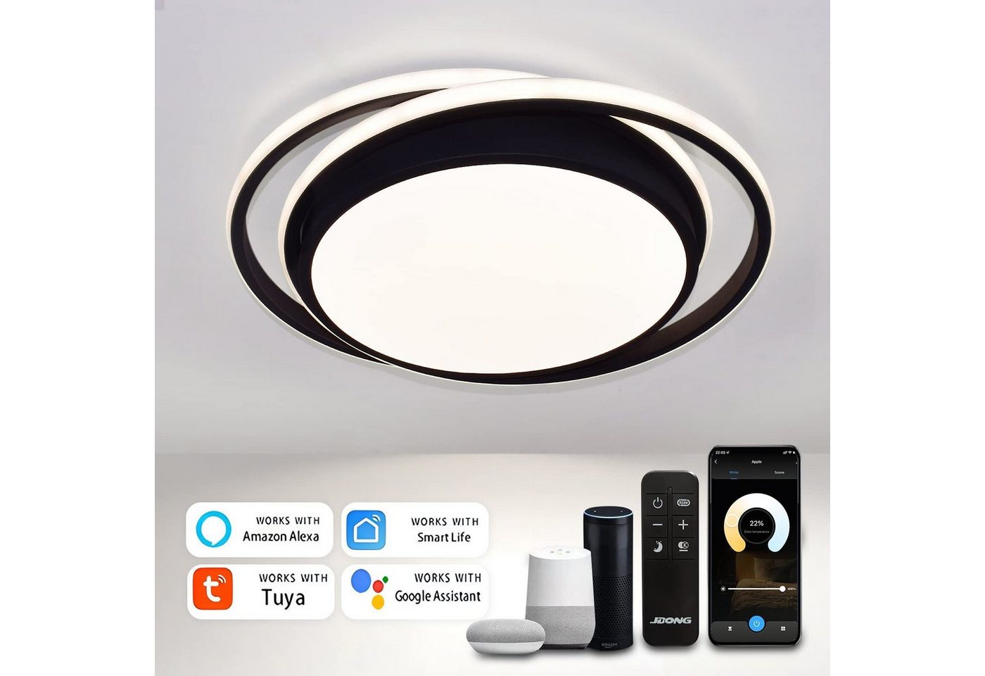 JDONG LED Deckenleuchte Kompatibel mit Alexa Google Home 36W 40CM, LED fest integriert, Tageslichtweiß, Kaltweiß, Warmweiß, Neutralweiß, Schwarz Runde Deckenlampe Dimmbar mit Fernbedienung von JDONG