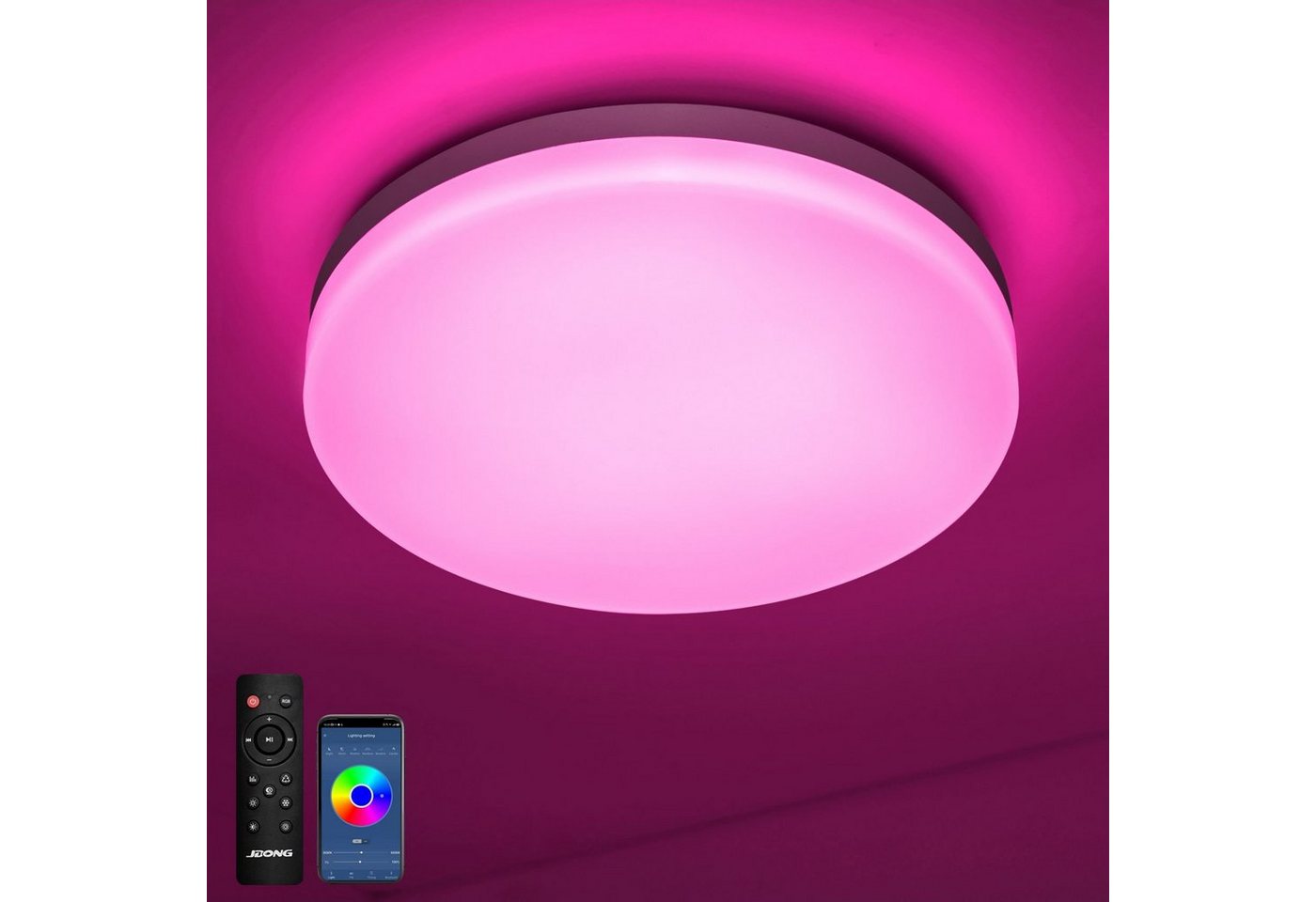 JDONG LED Deckenleuchte mit Doppelter Bluetooth Lautsprecher, LED fest integriert, Tageslichtweiß, Rot, Grün, Blau, Fernbedienung und APP-Steuerung, fur Schlafzimmer Kuche badzimmer von JDONG