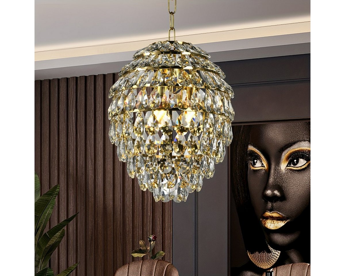 JDONG LED Pendelleuchte Hängekronleuchter mit 176 Kristallen, E14 LED Pendelleuchte, für Kücheninsel Esszimmer Wohnzimmer, Moderne Kristalllampe Gold Ø29cm von JDONG