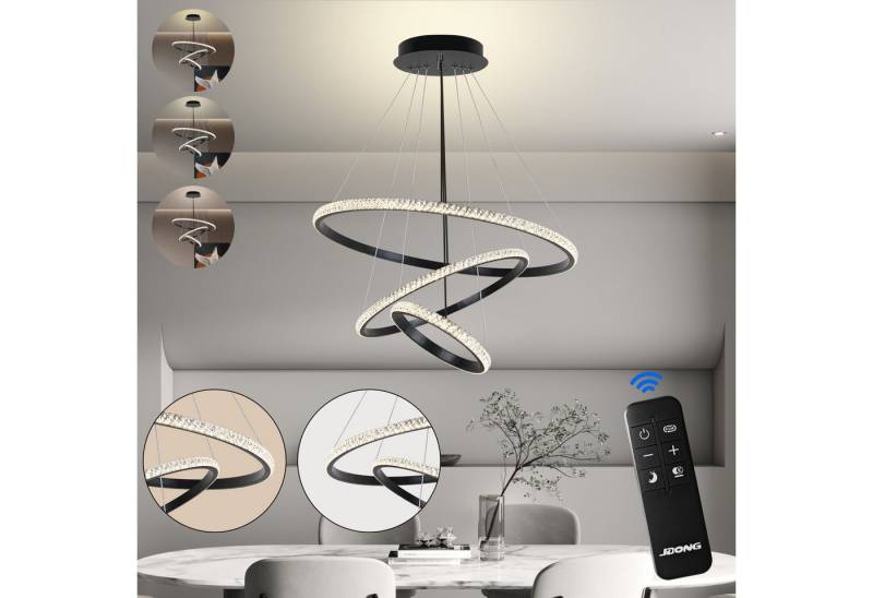 JDONG LED Pendelleuchte schwarz 3 Ring kristall Moderne Kronleuchter, 54W Esszimmer led pendelleuchte, Dimmbar mit Fernbedienung, hoehenverstellbar Pendellampe Höhenverstellbar für Wohnzimmer von JDONG