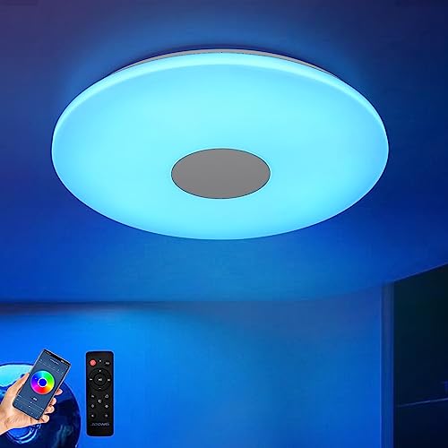 JDONG Bluetooth Deckenlampe mit Zwei lautsprecher weißes Rauschen Led Deckenleuchte mit APP-Steuerung und Fernbedienung, dimmbar 24W, 3000-6500 Kelvin, Farbwechsel IP44 Wasserdich von JDONG