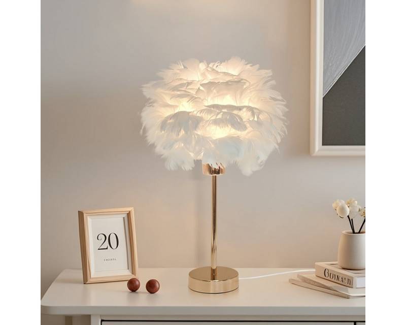 JDONG Tischleuchte Weiße Feder, Deko Lampe Wohnzimmer, E27, Nachttischlampe mit goldenem Sockel, Feder-Tischleuchte von JDONG