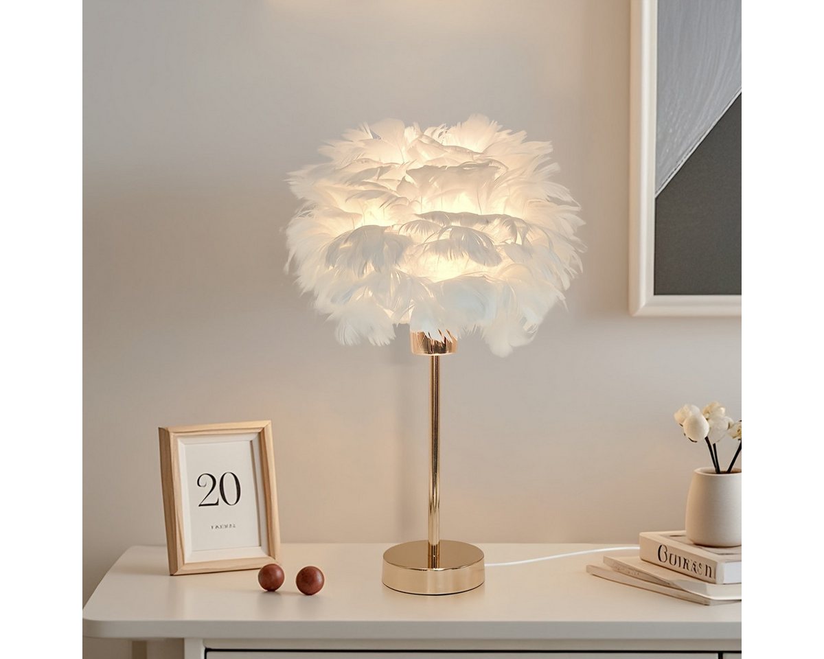 JDONG Tischleuchte Weiße kunstliche Feder, Deko Lampe Wohnzimmer 30/35cm, E27, Nachttischlampe mit goldenem Sockel, Feder-Tischleuchte von JDONG