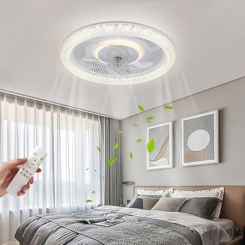 JDONG LED Deckenventilator mit Beleuchtung und fernbedienung, 3 Farbtemperatur（3000K-6500K und 6 Geschwindigkeiten, Weiß Rund Kristall Moderner Ventilator Leise mit Licht für Schlafzimmer Zimmer 50CM von JDONG