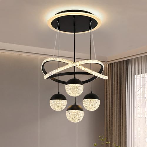 LED Pendelleuchte Schwarz dimmbare mit Fernbedienung 3000k-6500k Moderne 4 Ball Kristall Hängelampe 54W Esszimmerlampe hängend höhenverstellbar Esstischlampe für Wohnzimmer Esszimmer Schlafzimmer von JDONG