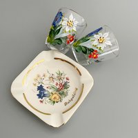 Schnapsgläser Und Aschenbecher Edelweiß Enzian Alpenblumen Motiv - Arzberg Vintage Bavaria Porzellan Geschenke Aus Bayern von JDVintageDE