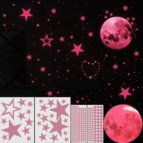 JDXun Leuchtsterne Wandsticker, 435 Leuchtsticker selbstklebend, Leuchtsterne Leuchtpunkte Mond DIY fluoreszierende Leuchtsterne Wandtattoo für Kinderzimmer Schlafzimmer Wohnzimmer (Rosa) von JDXun