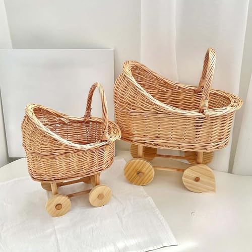 JDZYFFS Desktop Kunststatue Skulptur, Gewebter Blumenkorb In Kinderwagenform Aus Rattan Mit Griff, Vielseitiger Dekorativer Blumenkorb Aus Weidenkinderwagen Für Hochzeitsfeiern(2PCS) von JDZYFFS