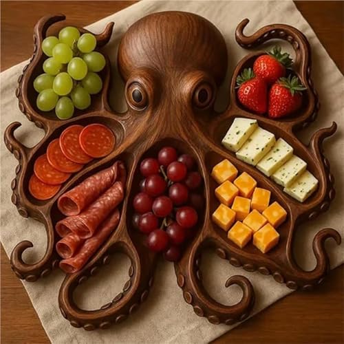 JDZYFFS Oktopus-Wurstplatte, Serviertablett Aus Holz Im Kraken-Design, Einzigartiges Geschenk Für Meeresfrüchte-Liebhaber, Party-Tablett Mit Meeresthema, Einzigartiges(Small) von JDZYFFS